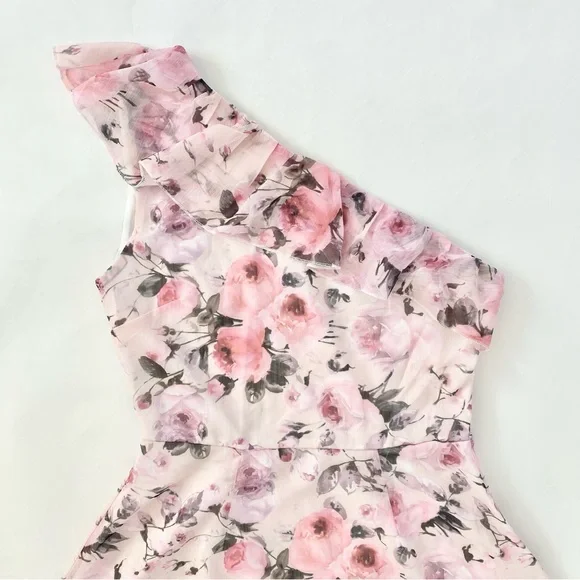 NWOT Pink Floral One Shoulder Ruffle Trim High Waist Flared Mini Dress XS - Picture 7 of 15